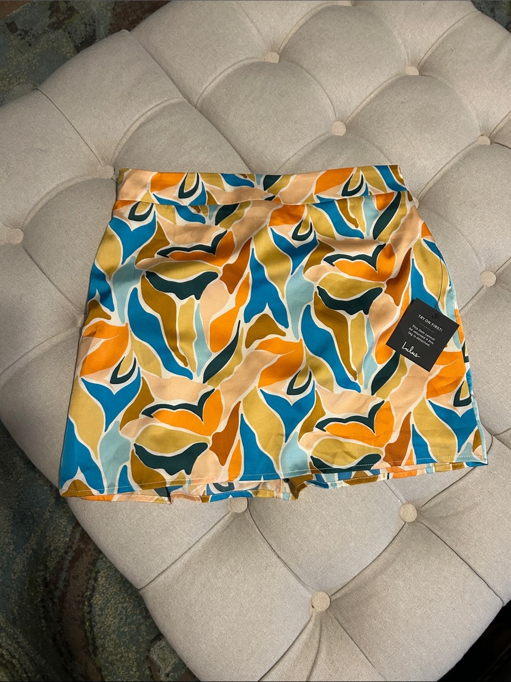 Lulu's Multicolor Abstract Leaf Mini Skirt - Blue, Orange, Mustard, Cream, Tan